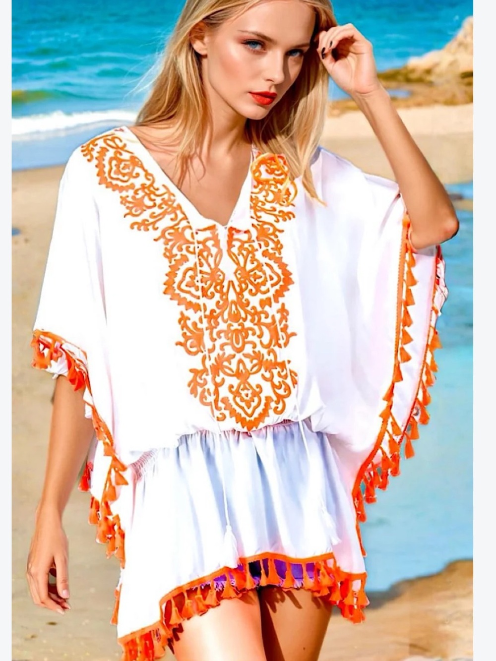 Do everything in love White Swim Coverup with Neon Coral Embroidery